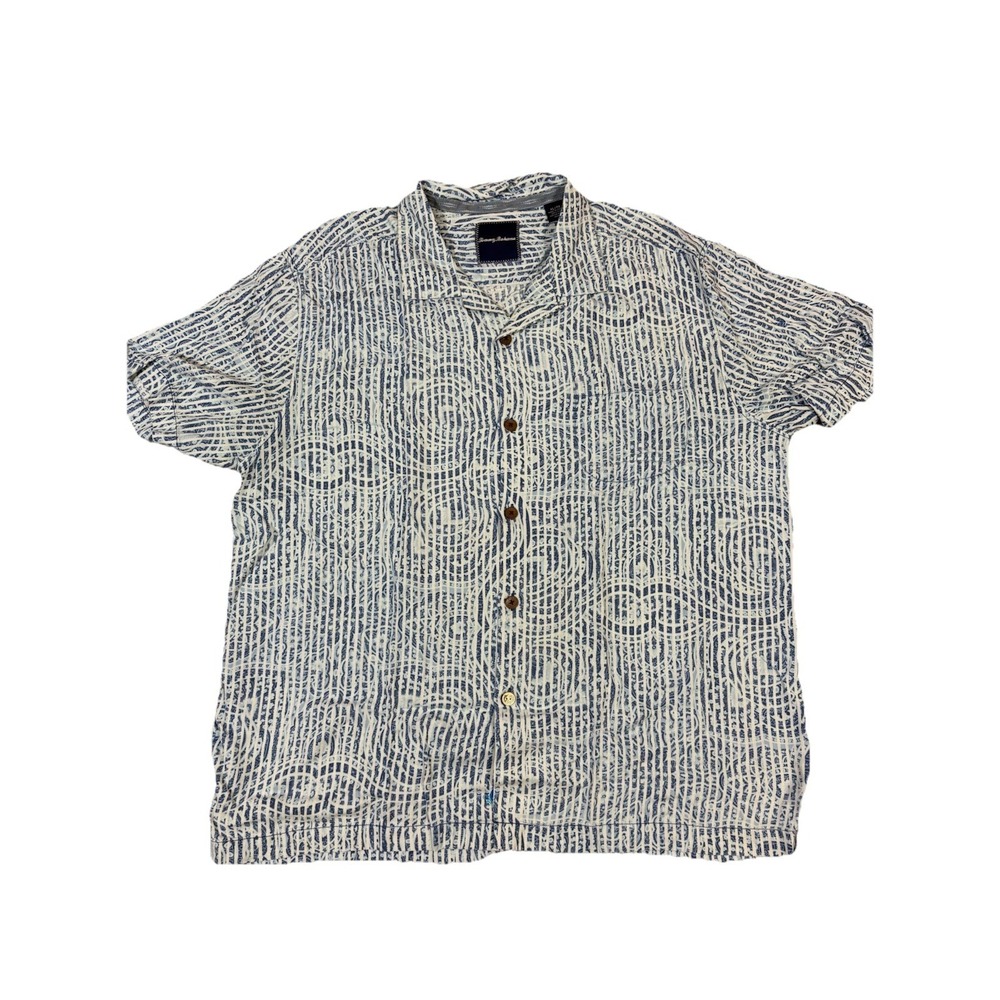 Tommy‎ Bahama Silk Button Front Shirt Mens XL Blue White Abstract Camp Excellent
